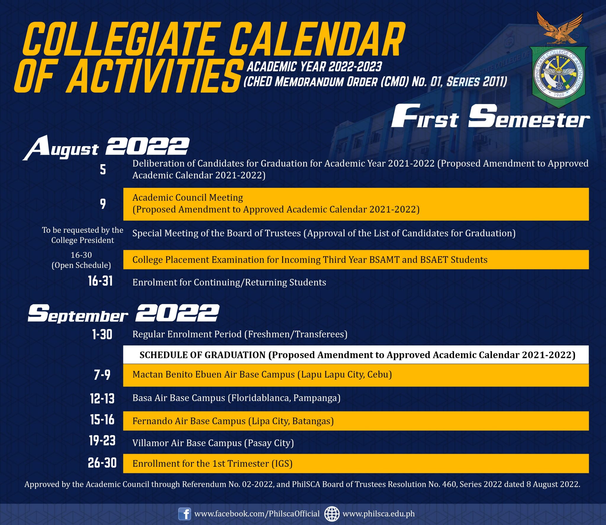 Collegiate Calendar of Activities for Academic Year 20222023.
