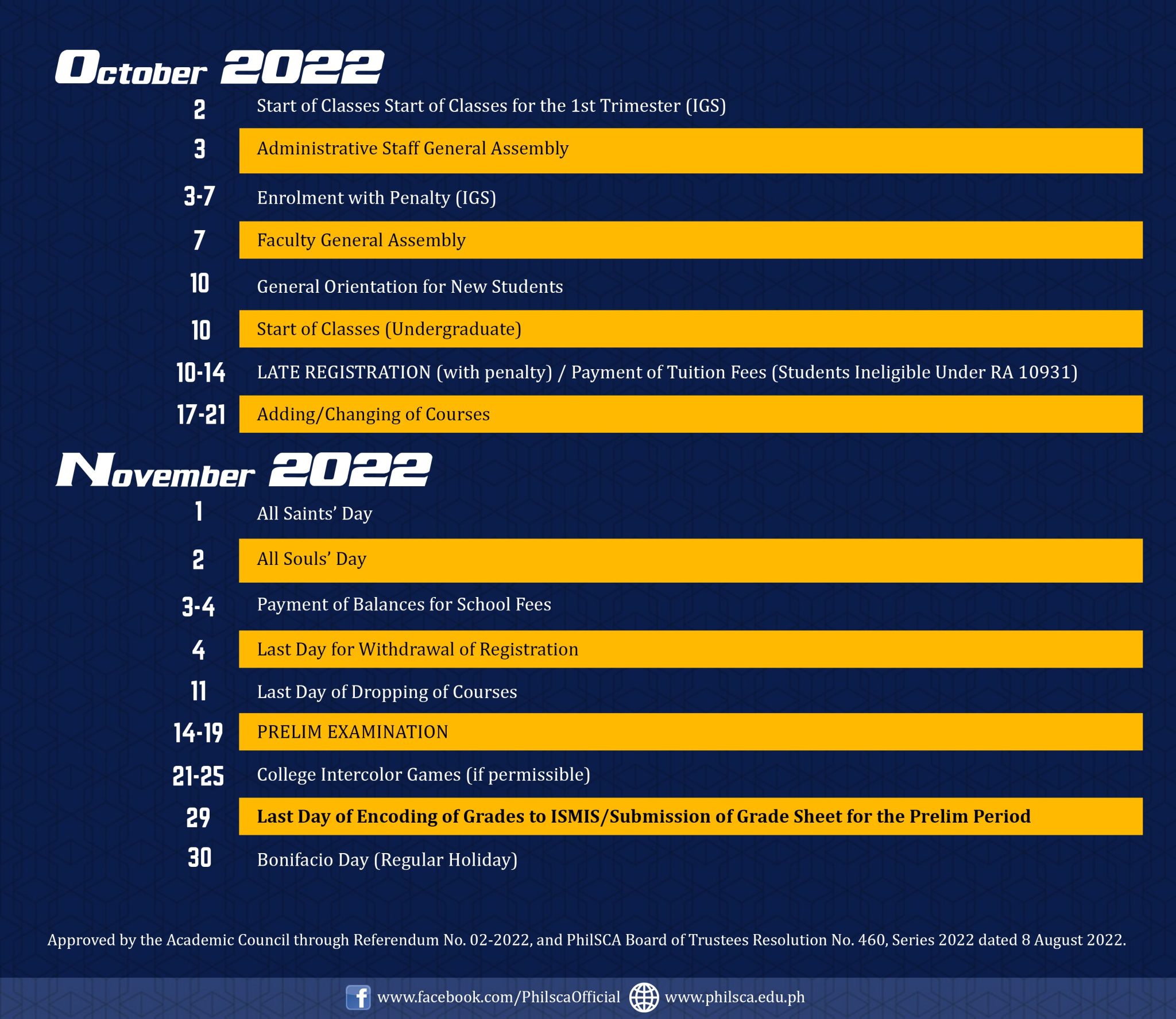 Collegiate Calendar of Activities for Academic Year 20222023.