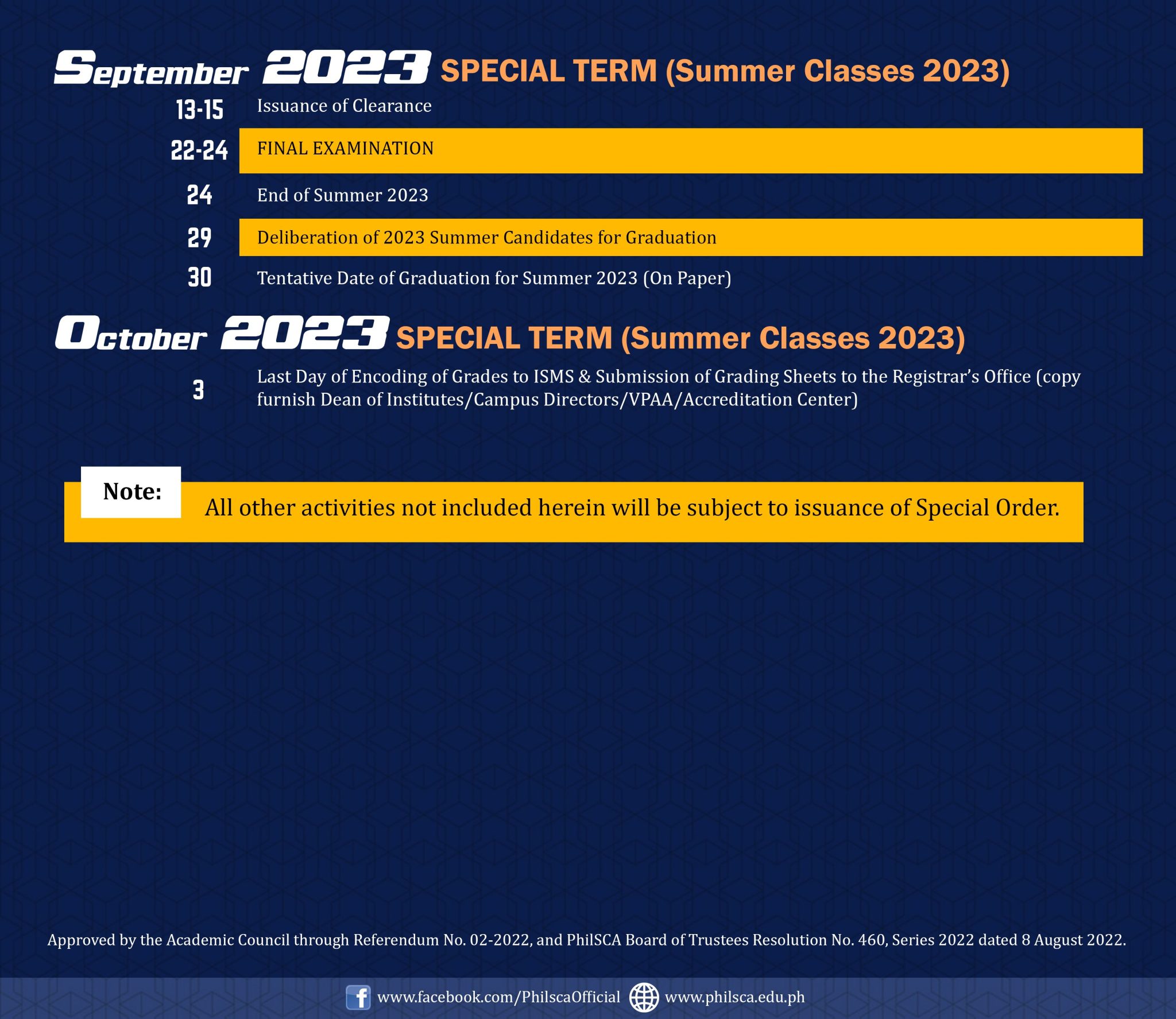 Collegiate Calendar of Activities for Academic Year 20222023.